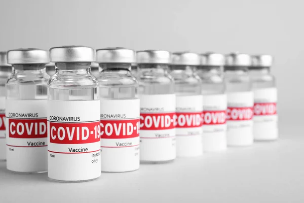 Glass Vials Covid Vaccine Light Grey Background — Stock Photo, Image