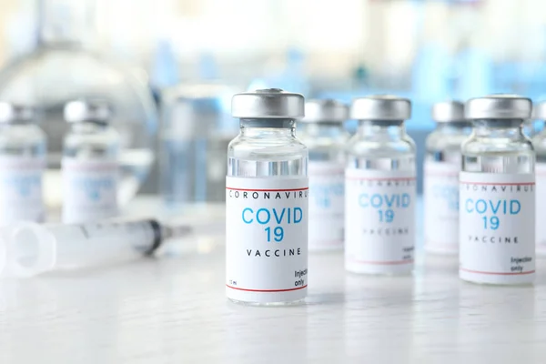Glass Vials Covid Vaccine White Wooden Table — Stock Photo, Image