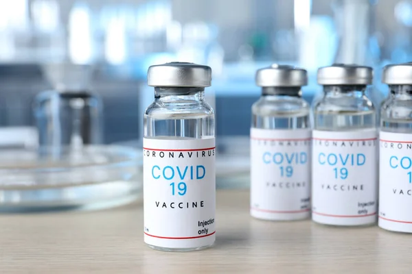 Glass Vials Covid Vaccine Wooden Table — Stock Photo, Image