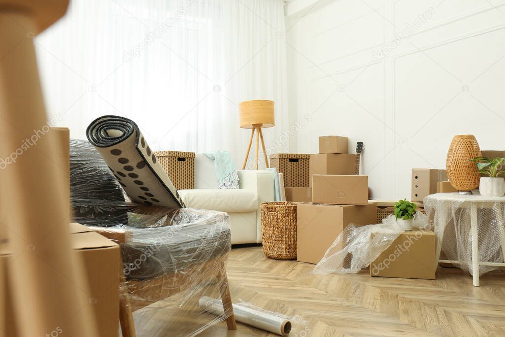 Cardboard boxes, potted plants and household stuff indoors. Moving day