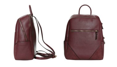 Beyaz arka planda şık deri sırt çantaları, kolaj