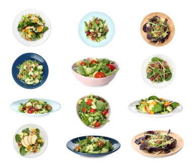 Beyaz arka planda farklı lezzetli kereviz salatalarıyla ayarlanmış. 