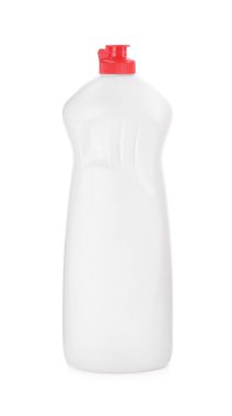 Beyaza izole edilmiş bir şişe deterjan. Temizlik arzı