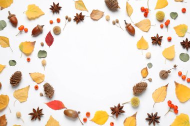 Beyaz arkaplan üzerindeki metin için sonbahar yaprakları ve boşluk içeren düz düzenleme