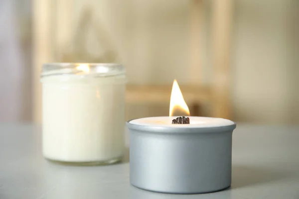 Burning Candles Holders Light Grey Table — Stock Photo, Image