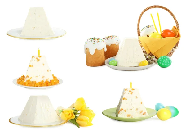 Set Traditional Cottage Cheese Easter Paskhas Cakes White Background — Stock Photo, Image