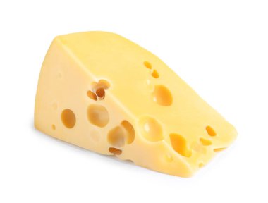 Beyazda delikleri olan bir parça peynir.