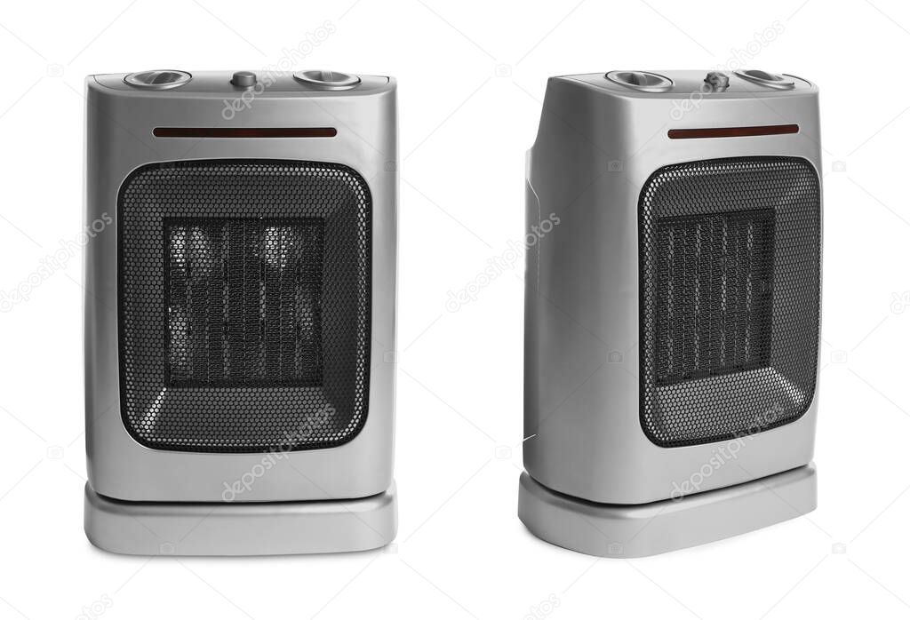 Modern electric fan heaters on white background, collage 