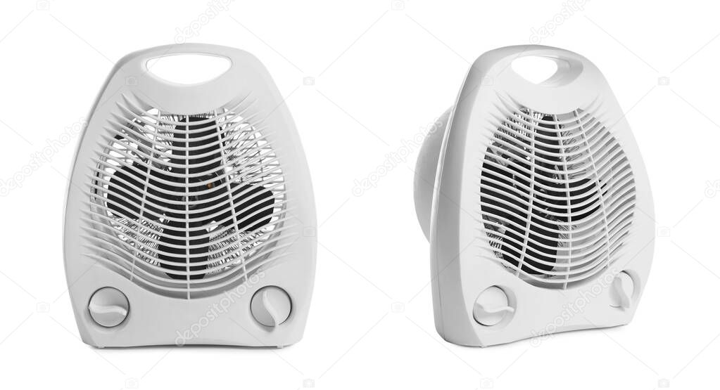 Modern electric fan heaters on white background, collage 