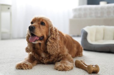 İçeride yenilebilir kemikleri olan sevimli İngiliz Cocker Spaniel. Evcil hayvan dostu otel