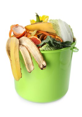 Trash bin with organic waste for composting on white background clipart