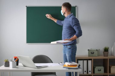 Sınıfta koruyucu maskeli bir öğretmen yazıyor. Covid-19 karantinasından sonra yeniden açılıyor