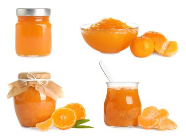 Beyaz arka planda lezzetli mandalina reçeli ile ayarlandı