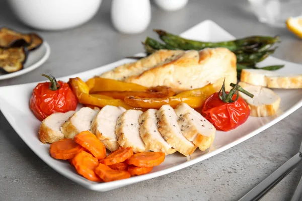 Tasty Cooked Chicken Fillet Vegetables Served Grey Table Healthy Meals — Stock Photo, Image