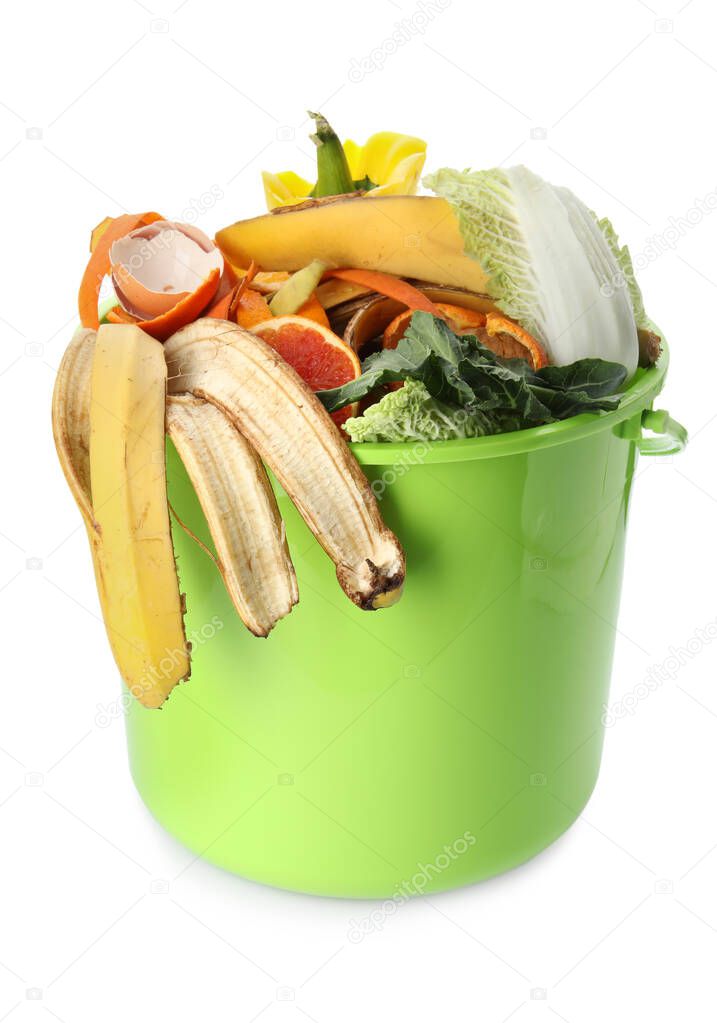 Trash bin with organic waste for composting on white background