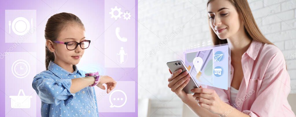 Control kid's geolocation via smart watch. Mother and daughter with gadgets, collage 