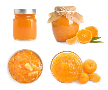 Beyaz arka planda lezzetli mandalina reçeli ile ayarlandı