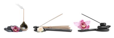 Set with aromatic incense sticks on white background. Banner design clipart