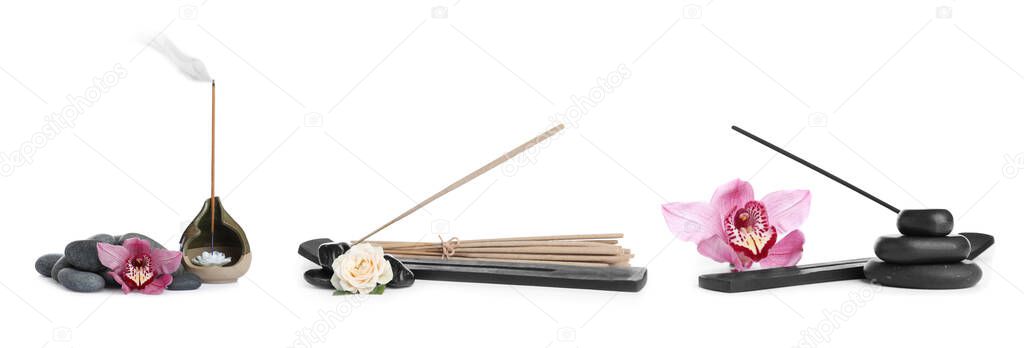 Set with aromatic incense sticks on white background. Banner design