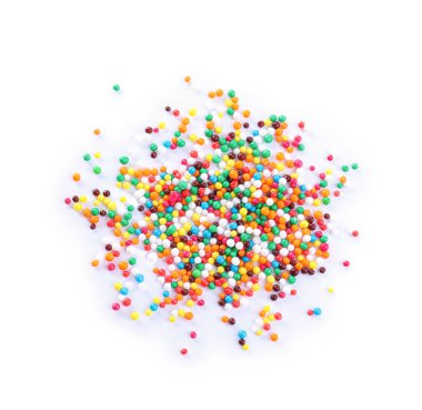 Beyaz arka planda renkli serpintiler, üst manzara. Şekerleme dekoru