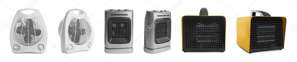 Different modern electric heaters on white background, collage. Banner design