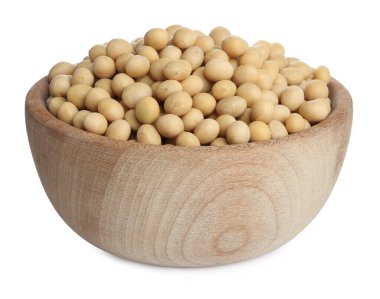 Tahta kasedeki soya fasulyesi beyaza izole edilmiş.