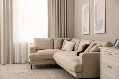 Modern rahat kanepe ve resimlerle dolu şık bir oturma odası.