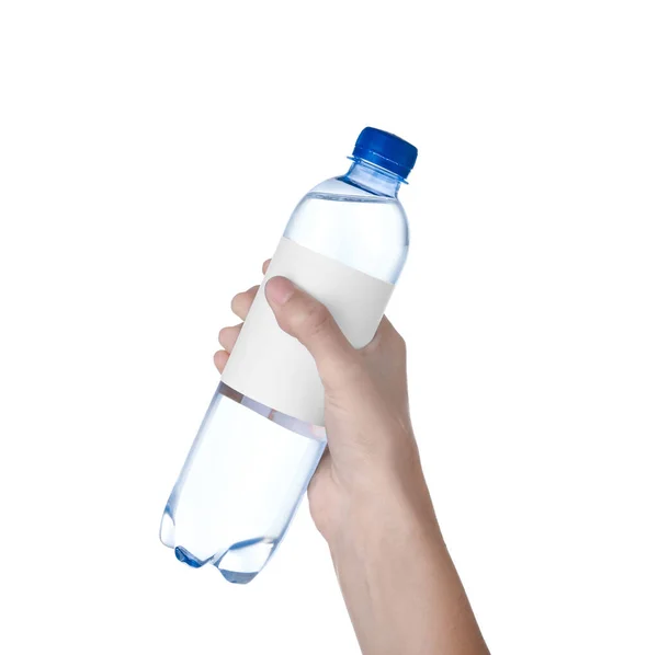 Frau Mit Plastikflasche Mit Sodawasser Auf Weißem Hintergrund Nahaufnahme — Stockfoto