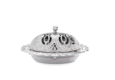 Beyaz kapaklı klasik metal tereyağı kabı.