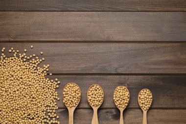 Soya ve kaşıklar tahta masada, düz yatıyordu. Metin için boşluk