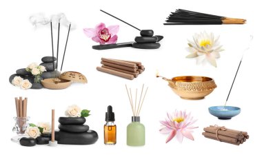 Tütsü çubukları ve aromaterapi için beyaz arka plan, kolaj 