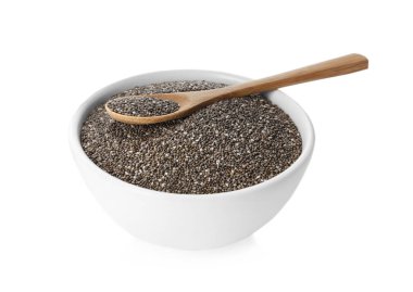 Kavanozda Chia tohumları ve beyaz kaşık.