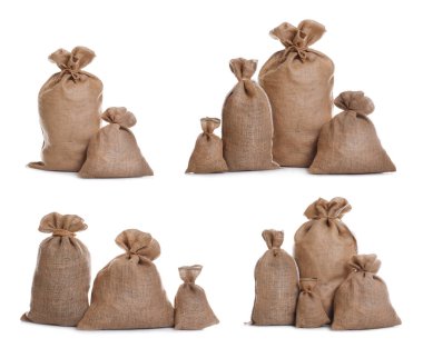 Beyaz arkaplanda çuval bezi ile ayarlayın 