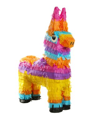 Beyaz üzerine izole edilmiş parlak renkli eşek pinyatası.