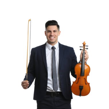 Kemanı olan ve beyaz arka planda eğilen bir adam. Müzik öğretmeni