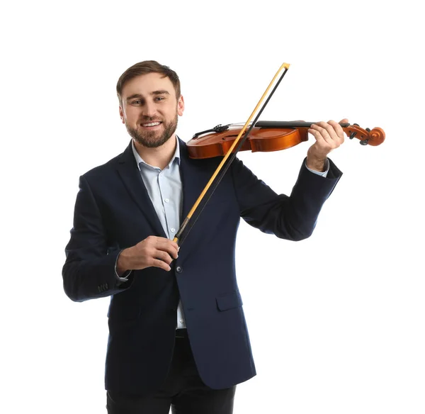 Professor Música Tocando Violino Fundo Branco — Fotografia de Stock