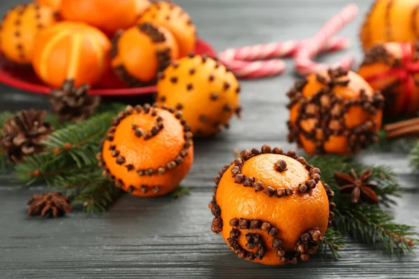 Pomander Ball Made Fresh Tangerine Cloves Wooden Table Space Text — Stock Photo, Image