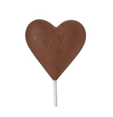 Çikolatadan yapılmış kalp şeklindeki lolipop beyaza izole edilmiş.