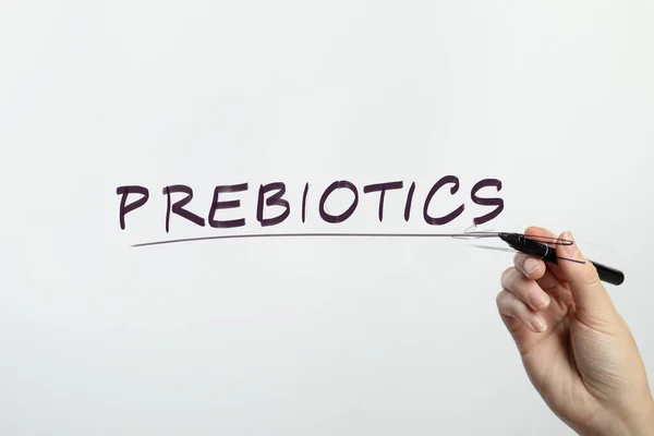 Γυναίκα Που Γράφει Λέξη Prebiotics Στο Γυαλί Λευκό Φόντο Closeup — Φωτογραφία Αρχείου
