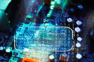 Arka plan olarak bilgisayar ana kartı, yakın plan. Elektronik aygıt