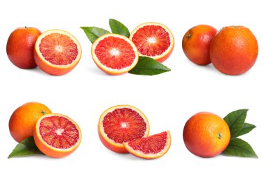 Beyaz arkaplanda olgun kırmızı portakallarla ayarla 