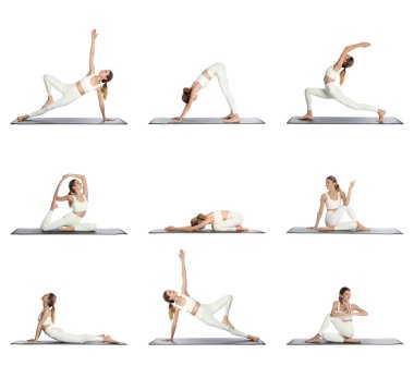 Beyaz arka planda yoga ve kolaj yapan genç bir kadın. 
