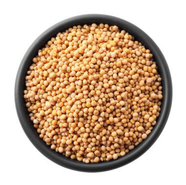 Hardal tohumları beyaz kasede izole, üst görünümde.