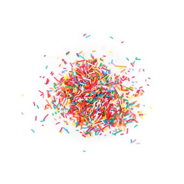 Beyaz arka planda renkli serpintiler, üst manzara. Şekerleme dekoru