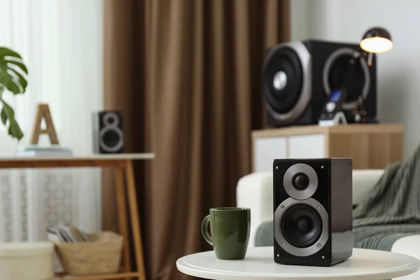 Modern powerful audio speaker system in bright room