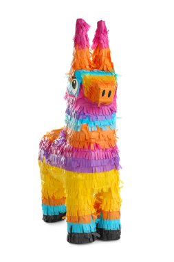 Beyaz üzerine izole edilmiş parlak renkli eşek pinyatası.