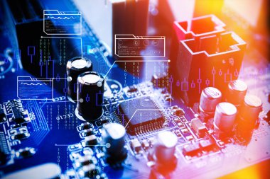 Arka plan olarak bilgisayar ana kartı, yakın plan. Elektronik aygıt