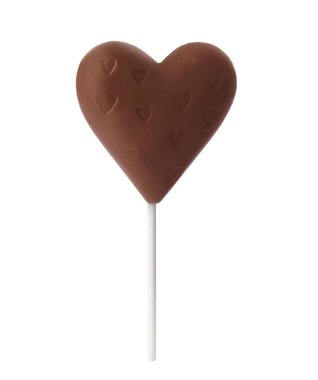 Çikolatadan yapılmış kalp şeklindeki lolipop beyaza izole edilmiş.