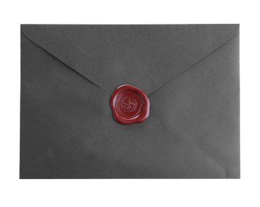 Balmumu mühür ile siyah zarf beyaz, üst görünümde izole