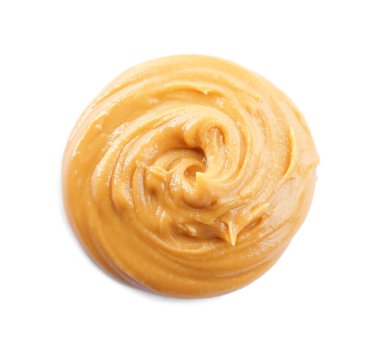 Lezzetli fıstık ezmesi, beyaza izole edilmiş, üst manzara